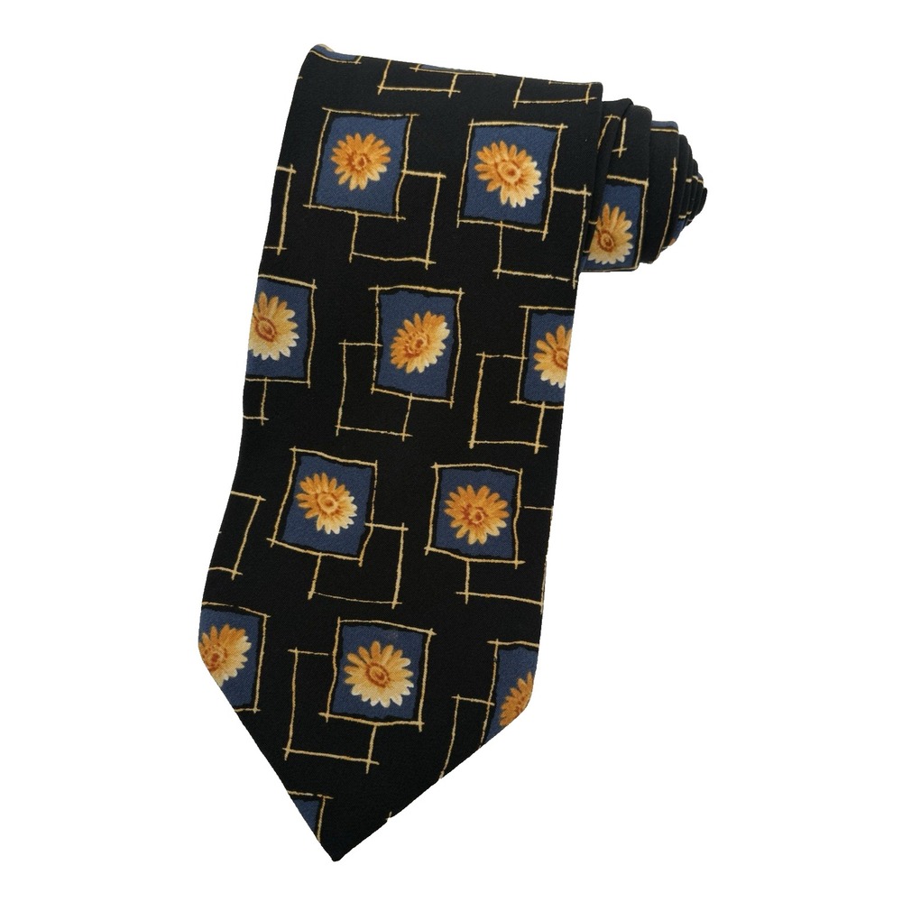 HUGO BOSS Mens Tie 100% Silk Luxury ITALY Black Yellow Orange Floral GUC